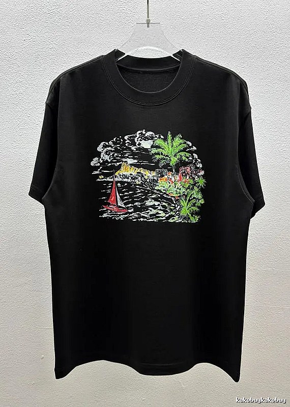 AW Seaside Print Vacation Style Black Short Sleeve T-Shirt
