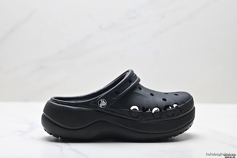 Black thick - soled Crocs clogs.