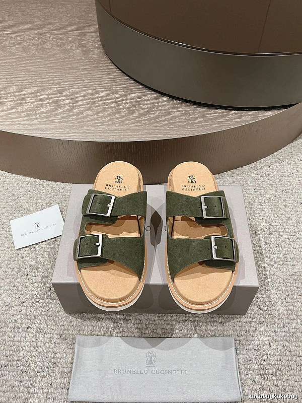 Brunello Cucinelli Casual Style Army Green Double-Buckle Slide Sandals