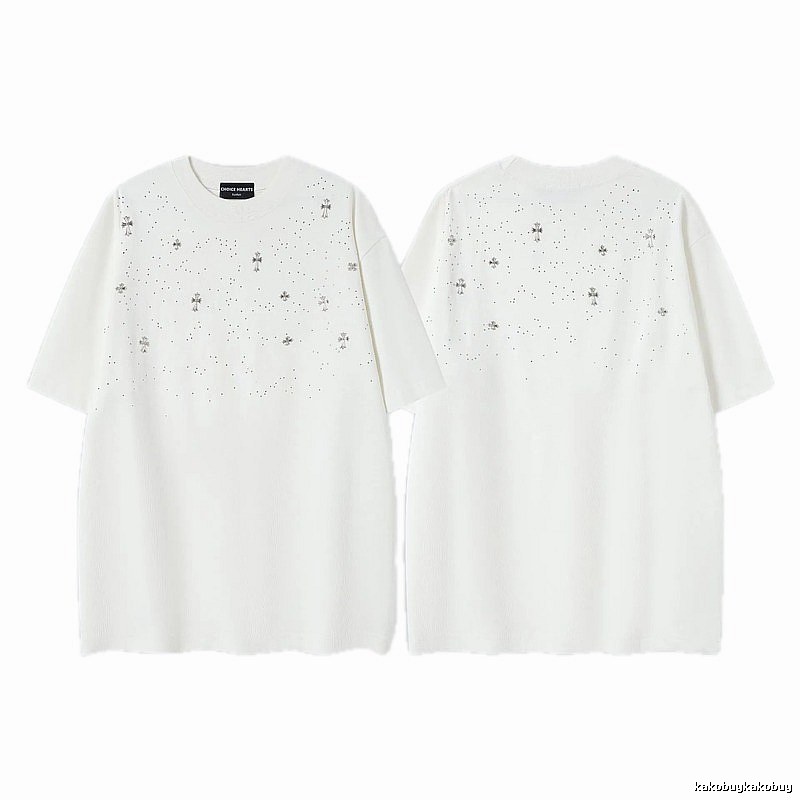 Chrome Hearts Cross Hot-Fix Rhinestone Street Style White T-Shirt