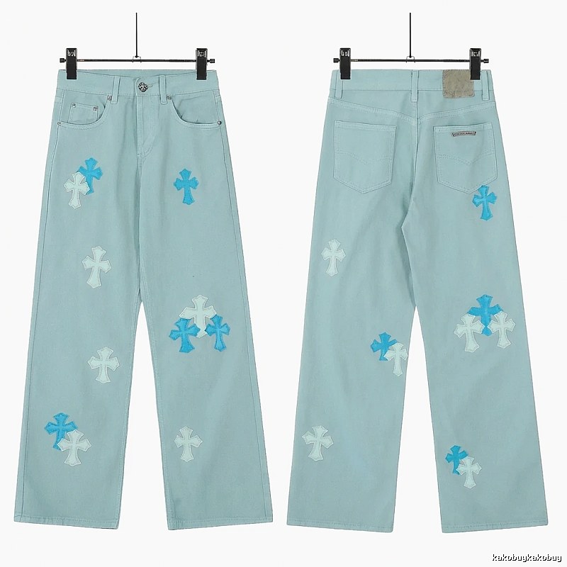 Chrome Hearts Cross Trend Brand Light Blue Jeans