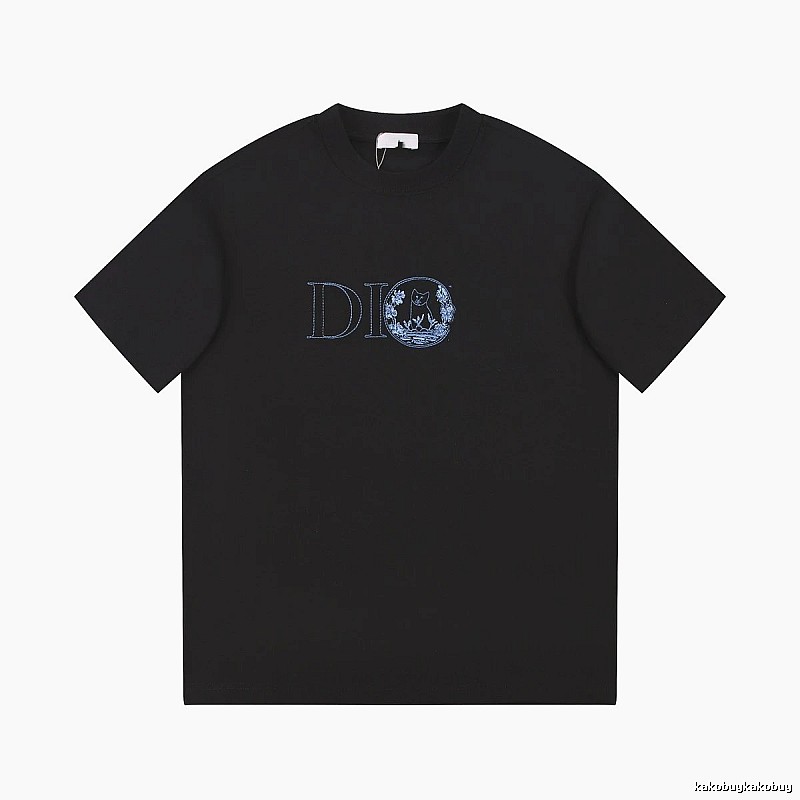 Dior Cat-Embroidered Casual Black T-Shirt