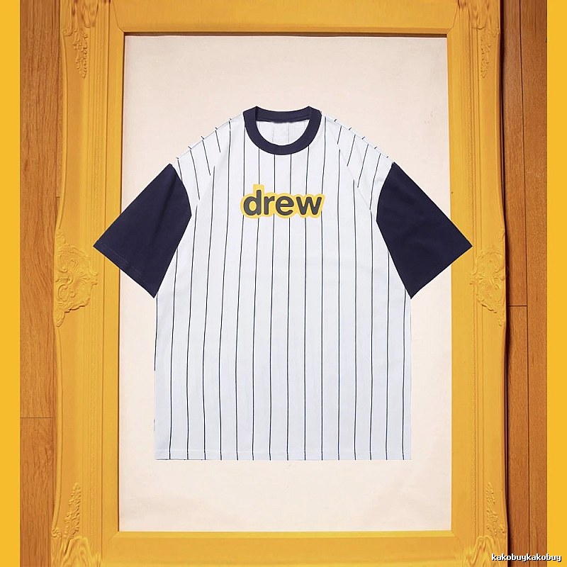 DREW Letter Print Street Style White and Navy Blue Short Sleeve T-Shirt