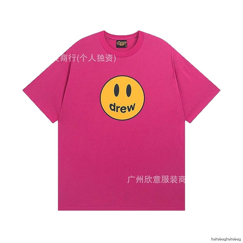 DREW Smiley Face Print Street Style Rose Red T-Shirt