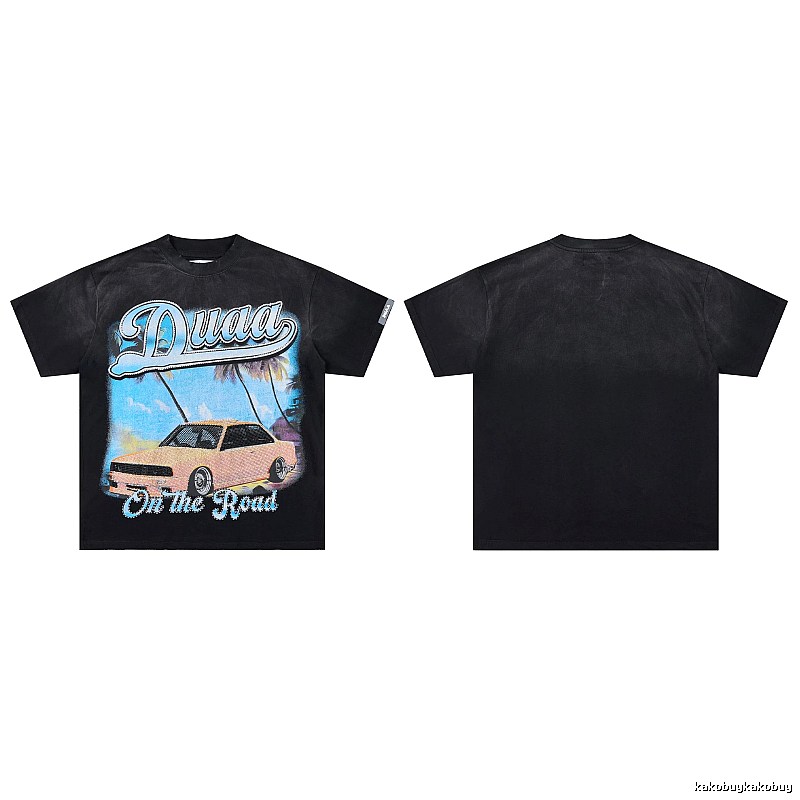 DUAA Road Sports Car American Retro Distressed Black T-Shirt