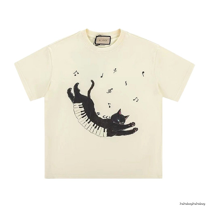 Gucci Artistic Style Cat Print Off-white Short-sleeve T-shirt