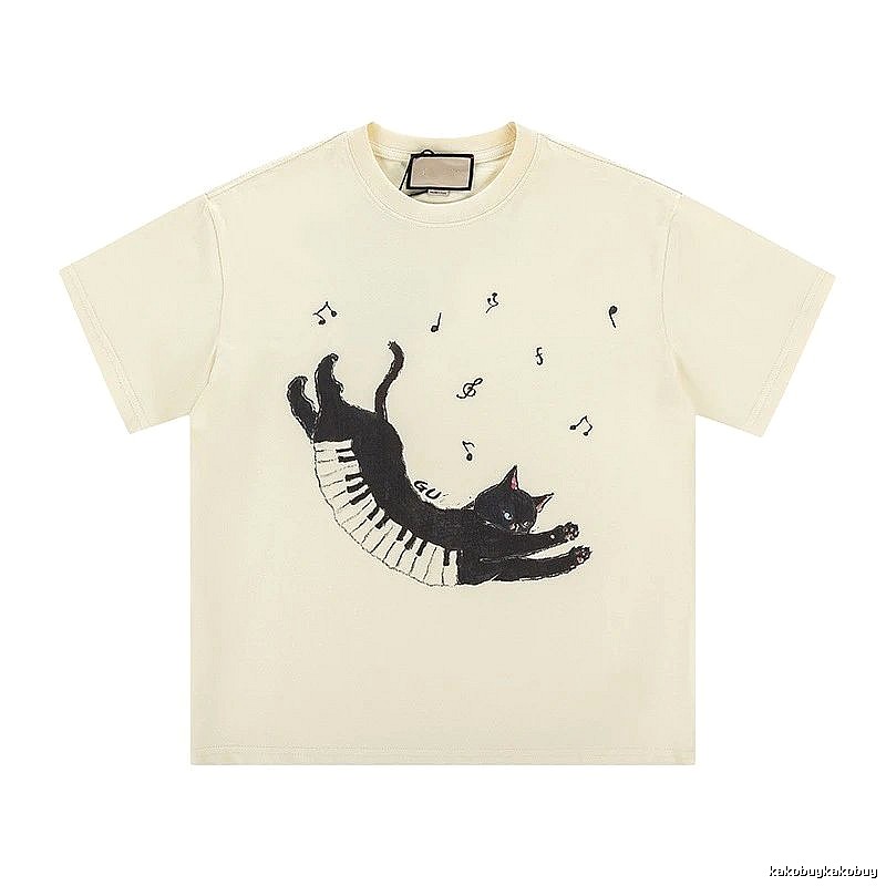 Gucci Black Cat Print Casual Off-White T-Shirt