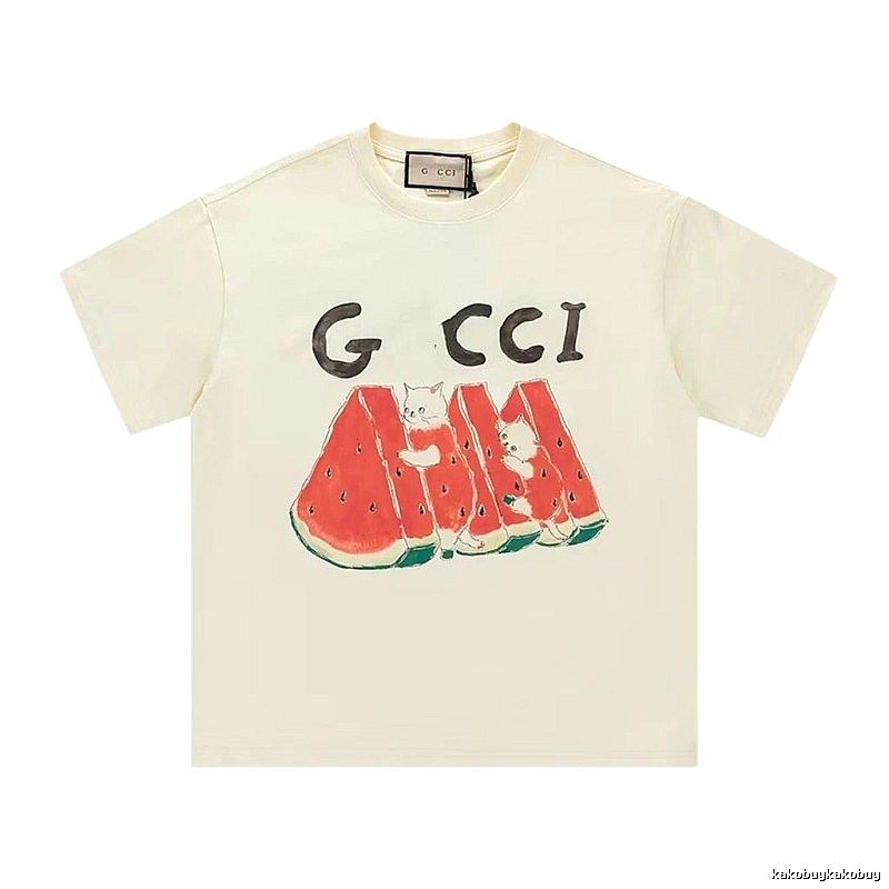 Gucci Cat and Watermelon Printed Off-white Casual T-Shirt