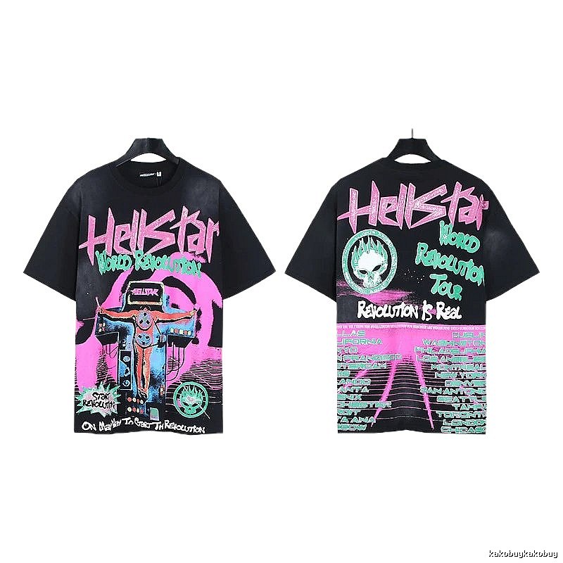 Hellstar World Revolution Tour Street Style Black & Pink Short Sleeve T-Shirt