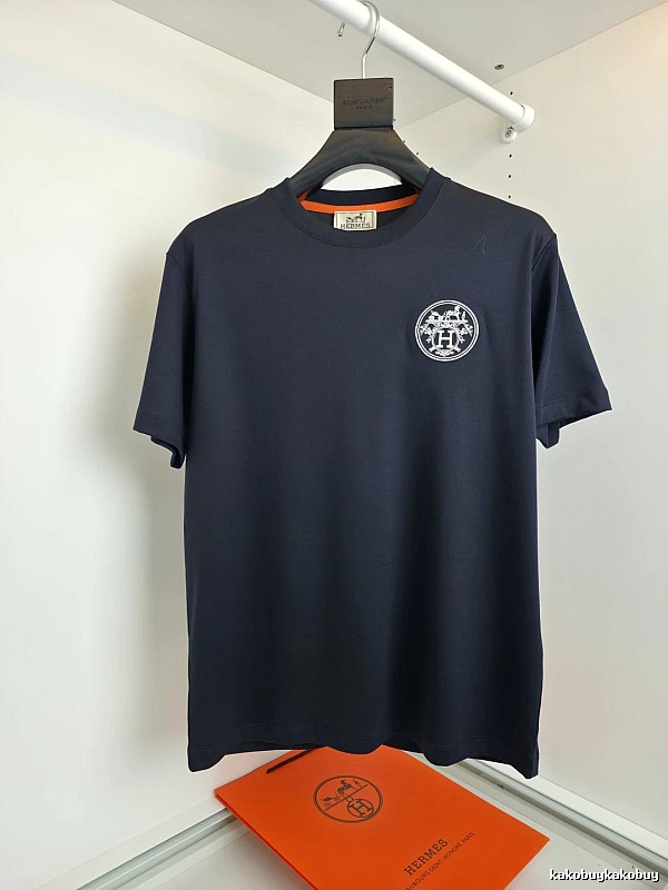 Hermès classic simple style navy blue T-shirt