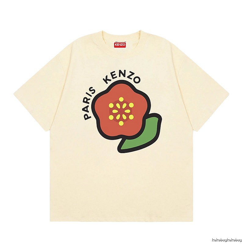 KENZO Begonia Print Casual Style Beige Short Sleeve T-Shirt