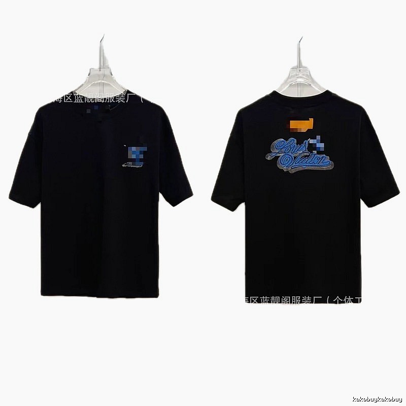 Louis Vuitton Embroidered Trendy Style Black T-Shirt