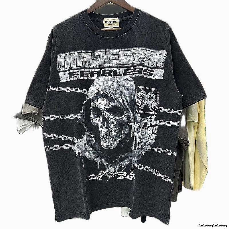 MAJESTIK Skull Print Dark Style Washed Black T-shirt