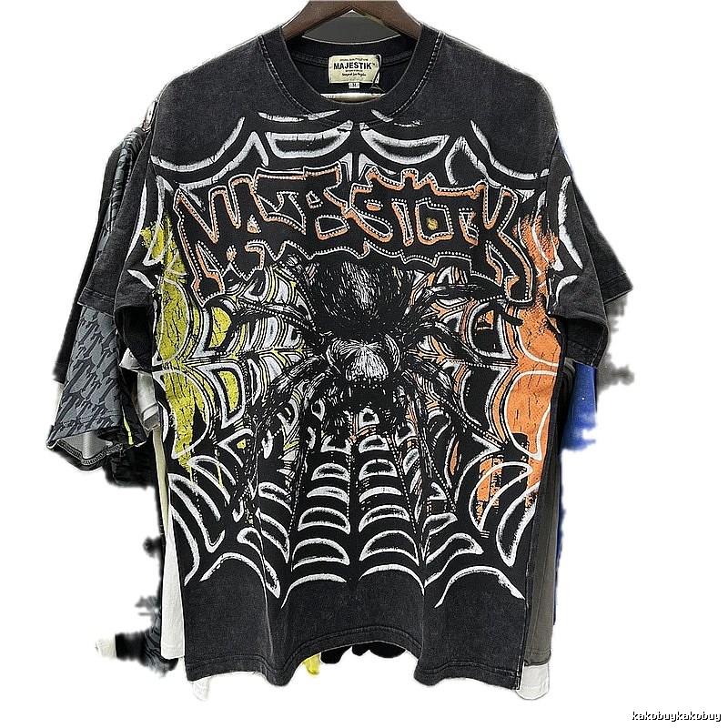 MAJESTIK Spider Street Style Distressed Black Short-sleeve T-Shirt