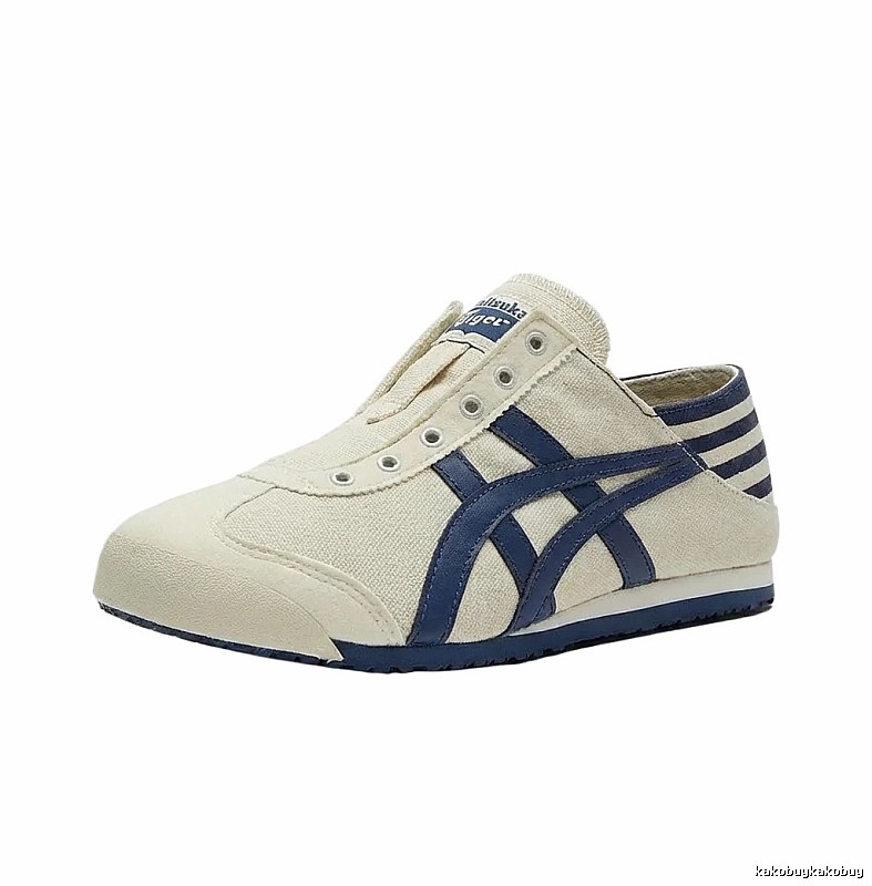 Onitsuka Tiger retro-style blue and white shoes.