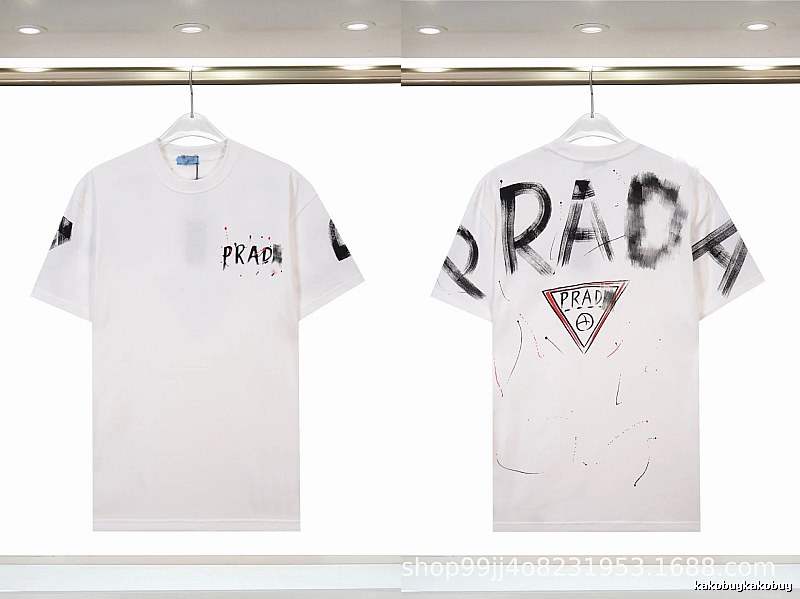 Prada Triangle Logo Graffiti Street Style White Short-sleeve T-shirt