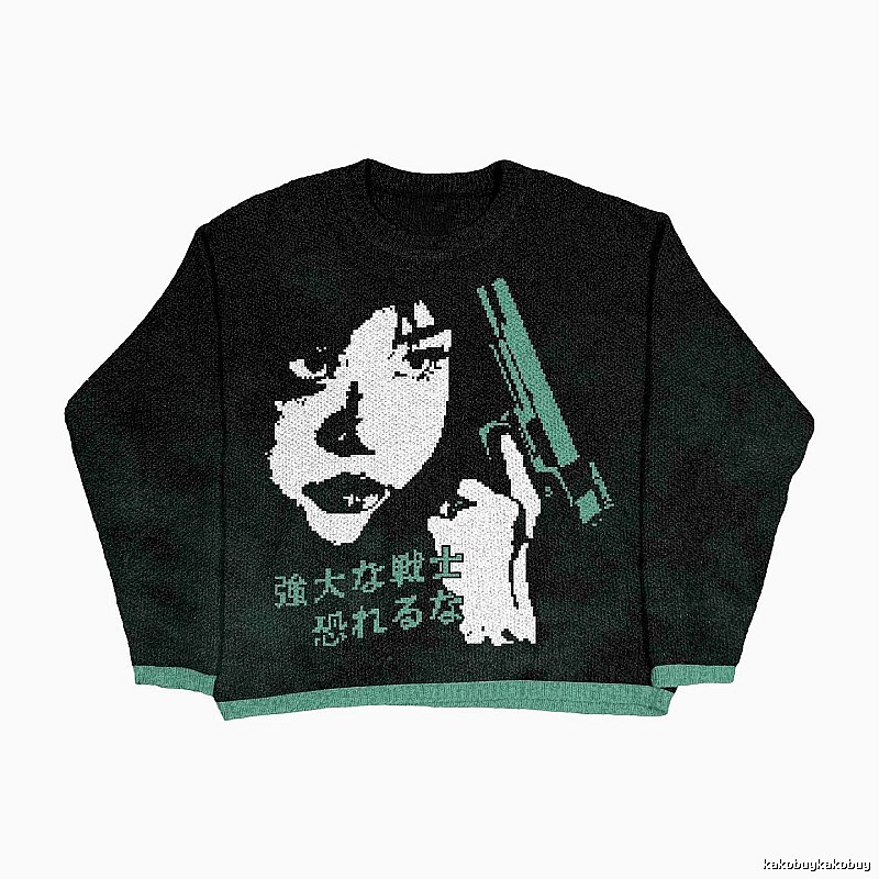 Resort Anime graphic sweater Black Knit Top for Travel Looks