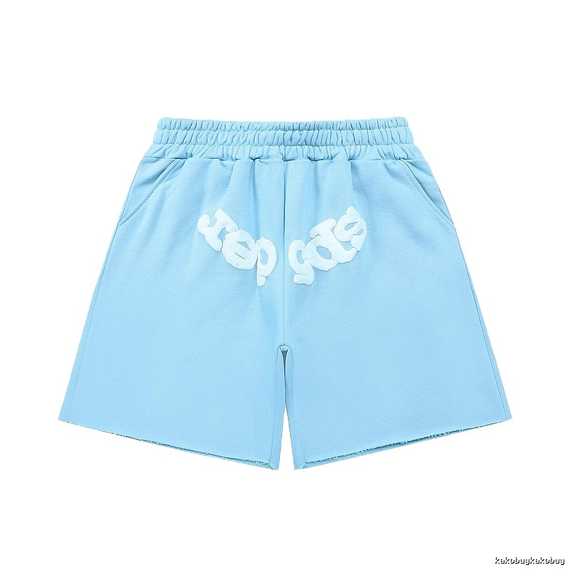 Sp5der letter-style light blue shorts