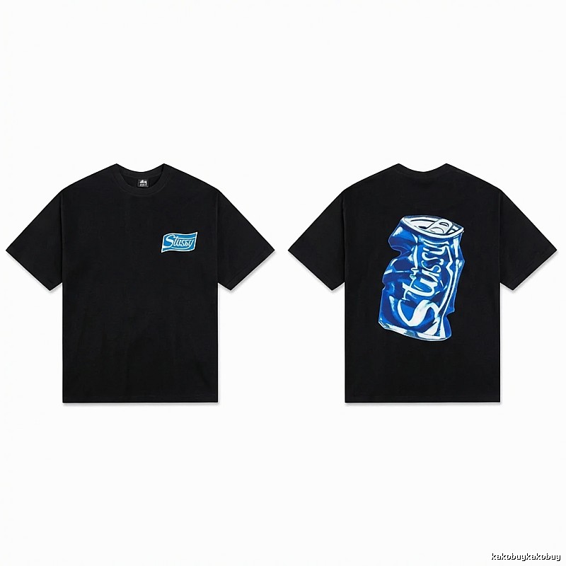 Stussy's black T-shirt with a can-style design