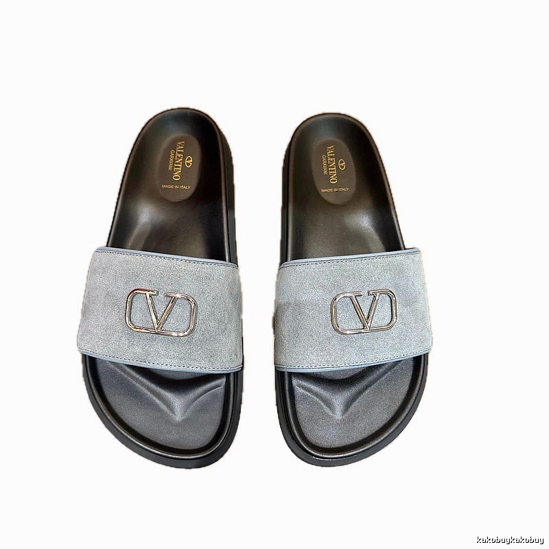 Valentino V-logo Light Luxury Style Grey and Black Color-block Slides